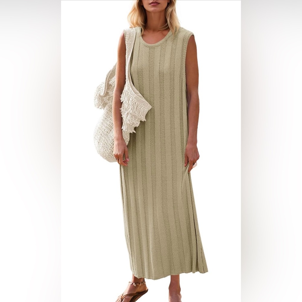 Camel / Tan Wide Ribbed Sweater Tank Midi / Maxi Dress - Picture 9 of 12